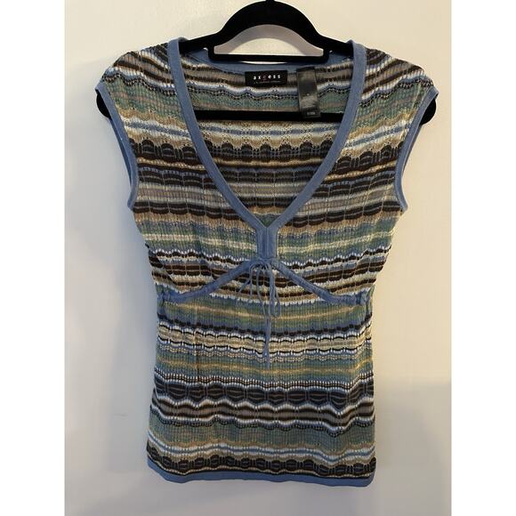 Y2K Babydoll Crochet Sweater Short Sleeve Bratz Doll Sz. Medium Vneck Blue Brown - Picture 1 of 5